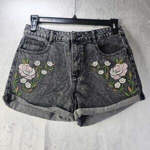 Forever 21 Women Jean Charcoal Black Short Denim Floral Embroidered Size 30